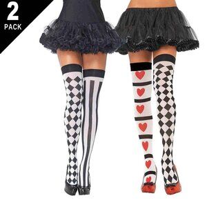 Queen of Heart and Harlequin Print Stockings 2-Pack Women OS Costume Thigh Highs